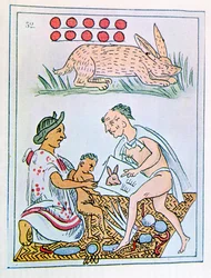 Facsimile van een pagina van een historische Florentijnse codex die een moeder toont die voorspellingen over haar zoon hoort, geboren op 10 Konijn